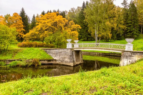 Puente Hierro Fundido Sobre Río Slavyanka Paisaje Otoñal Pavlovsk Palace —  Fotos de Stock