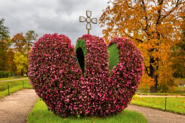 St. Petersburg 'daki Gatchina Sarayı' nın parkında imparatorluk tacı şeklinde taze çiçeklerden oluşan bir kompozisyon.