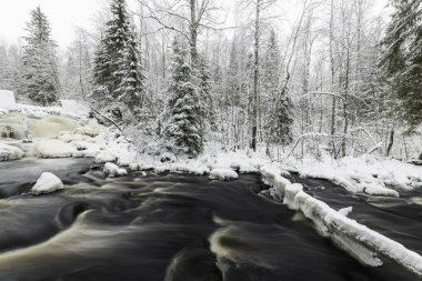 Orman nehri ile kış manzarası. Prokinkoski Şelalesi. Eski Finlandiya barajının kalıntıları, 1922. .Khikhniyoki nehri, Karelia Cumhuriyeti, Rusya