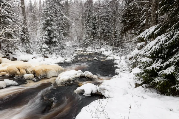 Winter Landscape Forest River Waterfall Prokinkoski Khikhniyoki River Republic Karelia — Stock Photo, Image