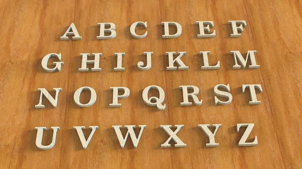 字母排列的字母是木制背景的木制字母 3D说明 — 图库照片