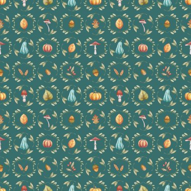 Sonbahar pürüzsüz desen. Kırmızı mantarlar. Kabaklar, Orange Oak Iinden yaprakları arka plan