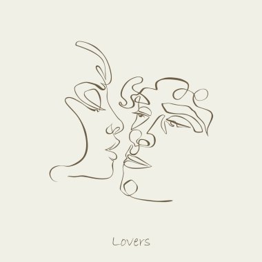 Öpüşen çift, öpücük, dudaklar. Bir çizgi. Devamlı bir çizgi. Şehvetli aşk