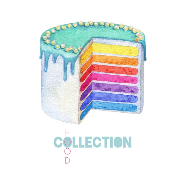 レインボーケーキ 水彩の誕生日ケーキ トルコ石釉鏡 デザートフードイラスト — ストック写真