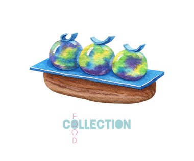 Mavi ekloz tatlı toplar dekorasyonu. Suluboya tatlı. Renkli pasta çizimi 