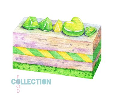 Yeşil köpüklü kek. Suluboya şekerler. Renkli tatlı çizimi