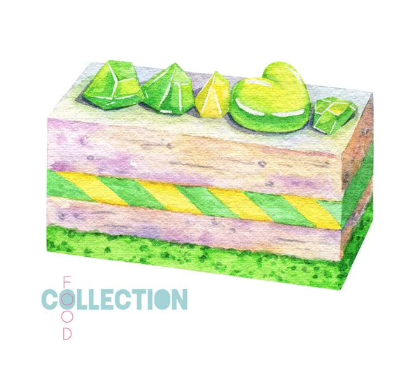Kuchen Mit Grüner Mousse Aquarellbonbons Bunte Dessert Illustration — Stockfoto