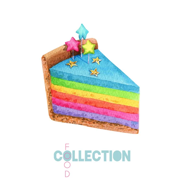 レインボーチーズケーキの部分 水彩の誕生日ケーキ デザートフードイラスト — ストック写真