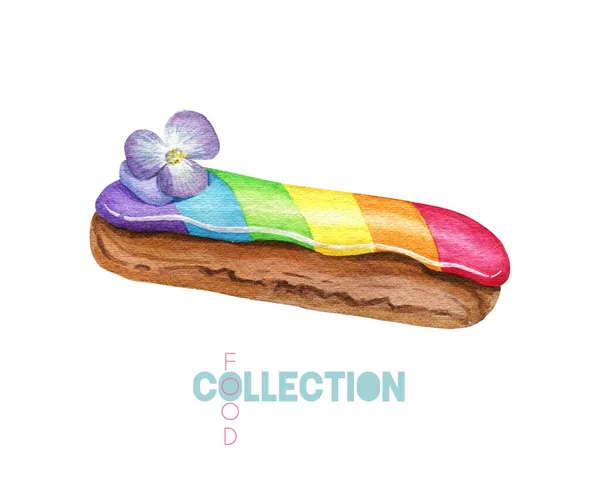 Arcobaleno Eclair Decorazione Floreale Dolce All Acquerello Illustrazione Pasticceria Colorata — Foto Stock