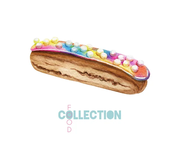 Arcobaleno Eclair Decorazione Della Perla Dolce All Acquerello Illustrazione Pasticceria — Foto Stock