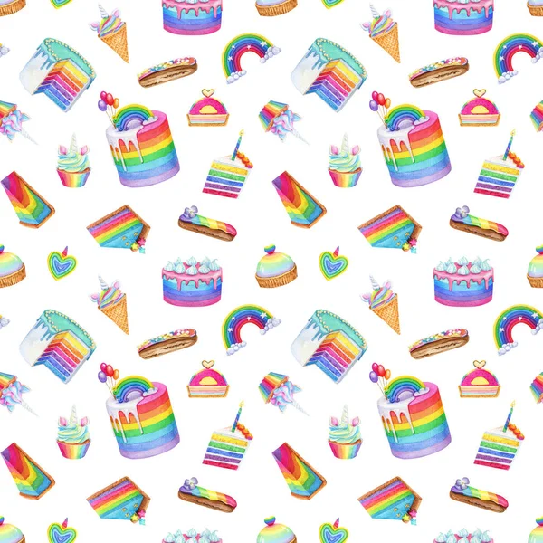 Sömlösa Mönster Söta Desserter Akvarell Rainbow Kakor Cheesecake Och Enhörning — Stockfoto