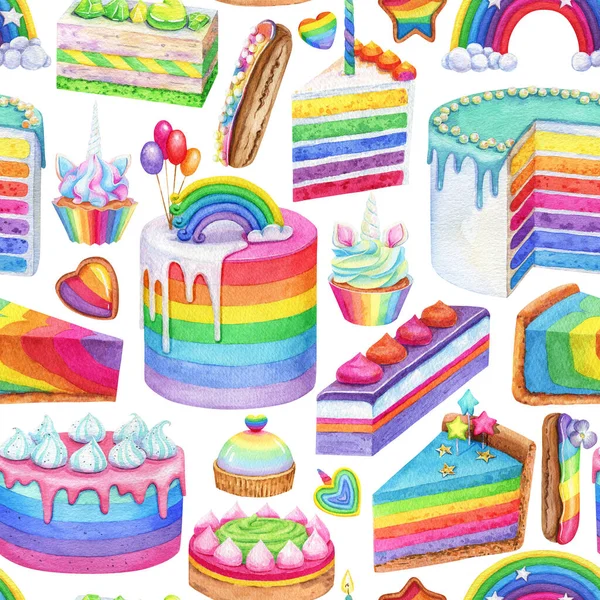 Sömlösa Mönster Söta Desserter Akvarell Rainbow Kakor Cheesecake Och Enhörning — Stockfoto