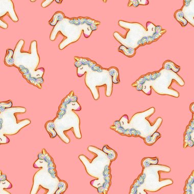 Kusursuz desenli tatlı tatlılar. Gökkuşağı unicorn zencefilli ekmek, tatlı kurabiyeler arka plan