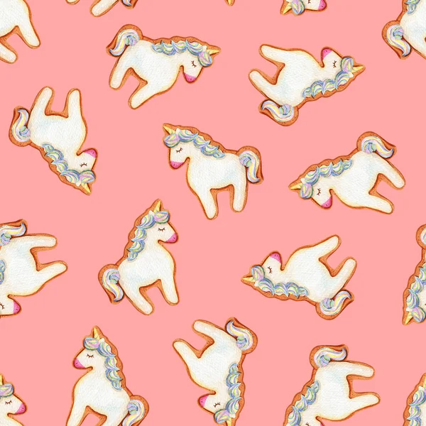 Kusursuz desenli tatlı tatlılar. Gökkuşağı unicorn zencefilli ekmek, tatlı kurabiyeler arka plan