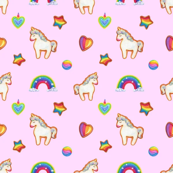 Seamless Pattern Sweet Desserts Rainbow Unicorn Gingerbread Multicolored Heart Stars — Stock Photo, Image