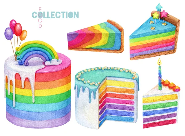 Watercolor Rainbow Desserts Colorful Birthday Cake Piece Biscuit Cake Cheesecake — Fotografia de Stock