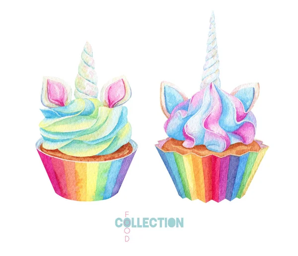 水彩虹色のデザート 多色カップケーキとともにユニコーンホーン — ストック写真