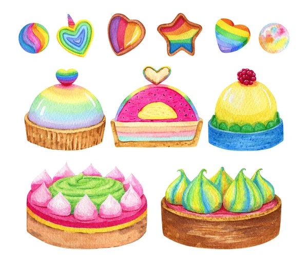 Watercolor Rainbow Desserts Mousse Cake Cream Tartlets Heart Star Sweets — Fotografia de Stock