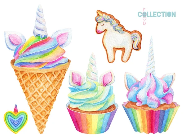 水彩虹色のデザート カラフルなカップケーキにユニコーンホーン ワッフルコーンのアイスクリーム — ストック写真