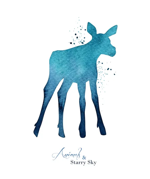 Watercolor Baby Elk Silhouette Abstract Blue Sky Silhouette Background Ink —  Fotos de Stock