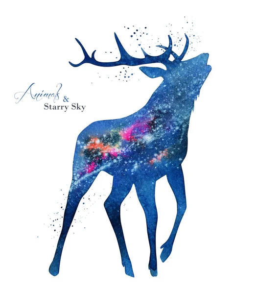 Watercolor Deer Silhouette Abstract Night Starry Sky Silhouette Background Ink — 스톡 사진