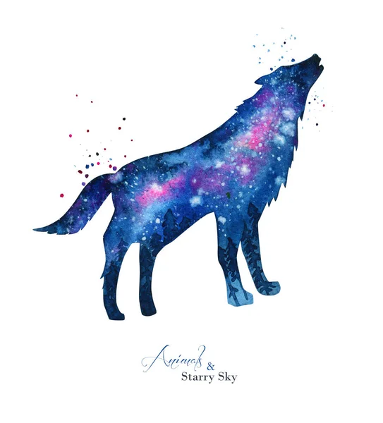 Watercolor Wolf Silhouette Abstract Night Starry Sky Silhouette Background Ink — Stockfoto