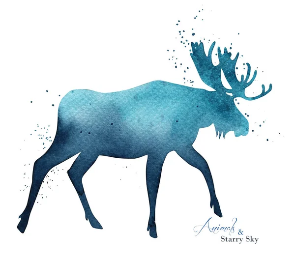 Suluboya geyik silueti. Soyut mavi gökyüzü silueti arkaplanı. Mürekkep damlaları