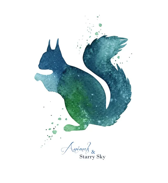 Watercolor Squirrel Silhouette Abstract Green Silhouette Background Ink Splashes — Stockfoto