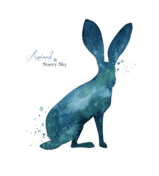 Watercolor Rabbit Silhouette Abstract Green Blue Silhouette Background Ink Splashes — 스톡 사진