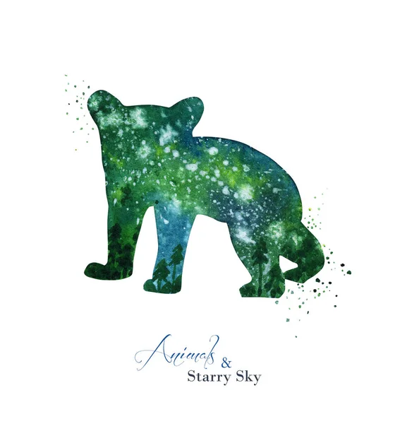 Watercolor Baby Bear Silhouette Abstract Green Forest Silhouette Background Ink — Stockfoto