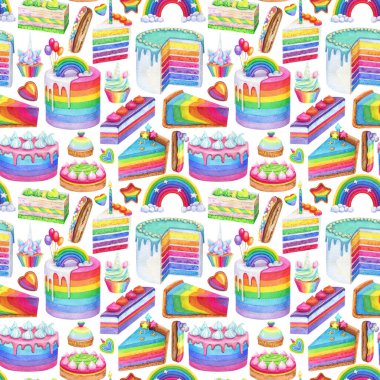 Kusursuz desenli tatlı tatlılar. Suluboya Gökkuşağı kekleri, cheesecake ve tek boynuzlu at kekleri.