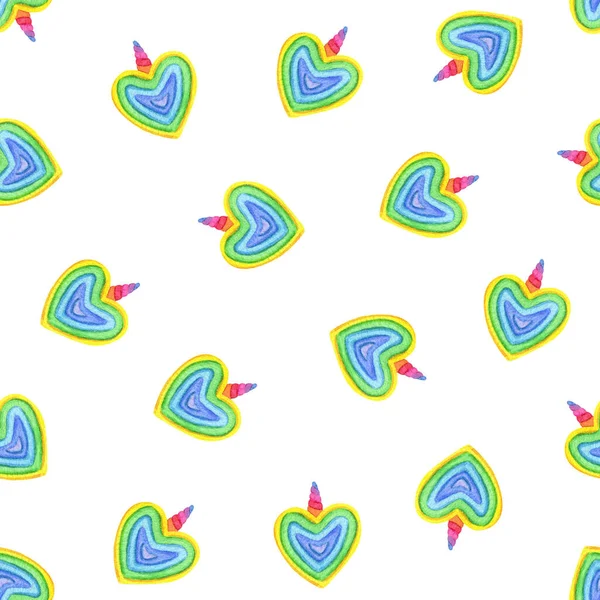 无缝图案甜食 水色彩虹心形饼干配角 — 图库照片
