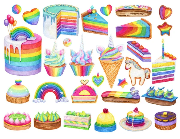Akvarell Regnbågsdesserter Flerfärgade Mousse Kakor Cheesecakes Tårta Bitar Eclair Och — Stockfoto
