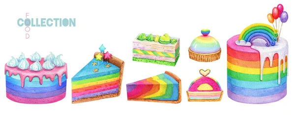Watercolor Rainbow Desserts Colorful Birthday Cake Piece Biscuit Cake Cheesecake — Fotografia de Stock