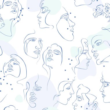 Tek çizgi pürüzsüz desen. Soyut kadın ve erkek yüzleri. Beyaz arkaplan