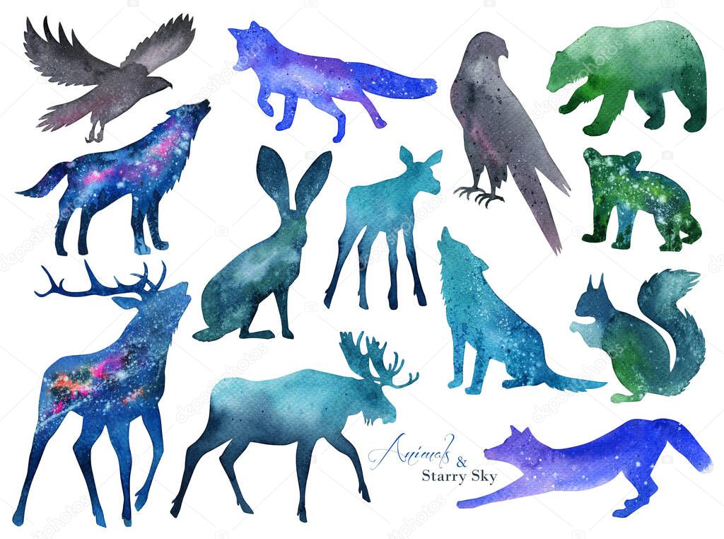 Watercolor forest animals silhouette.  Deer and elk,eagle, bear, wolf, fox, and squirrel. Abstract night starry sky background. Ink splashes