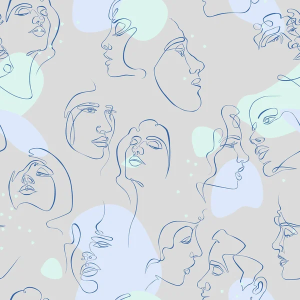 1行はシームレスなパターンに直面する 抽象的な女性と男性の顔 灰色の背景 — ストックベクタ