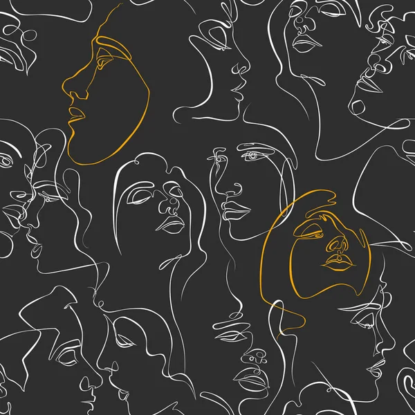 One Line Face Seamless Pattern Abstract Woman Man Faces Black — Stock Vector