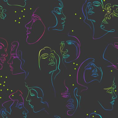 Tek çizgi pürüzsüz desen. Soyut kadın ve erkek yüzleri. Siyah arkaplan