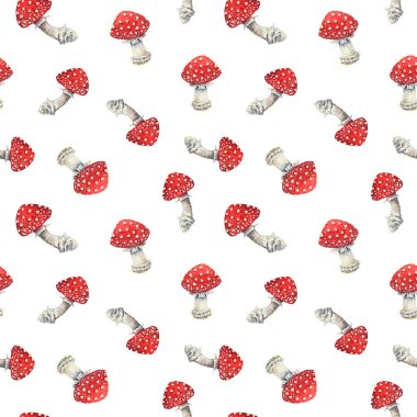 Watercolor mushrooms seamless pattern. Red amanita background