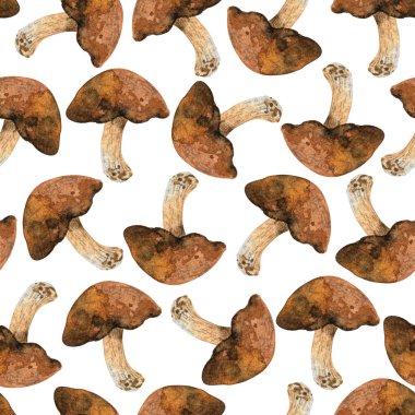 Watercolor mushrooms seamless pattern. Brown porcini background