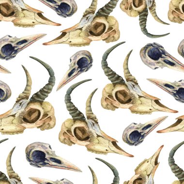 Funny goat, crow skulls seamless pattern. Watercolor halloween background