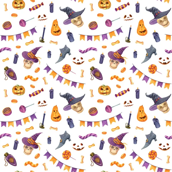 Watercolor Halloween Seamless Pattern Cartoon Skull Witch Hat Jack Lantern — Stockfoto