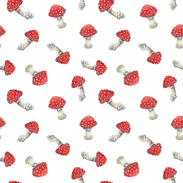 Watercolor Mushrooms Seamless Pattern Red Amanita Background — Fotografia de Stock