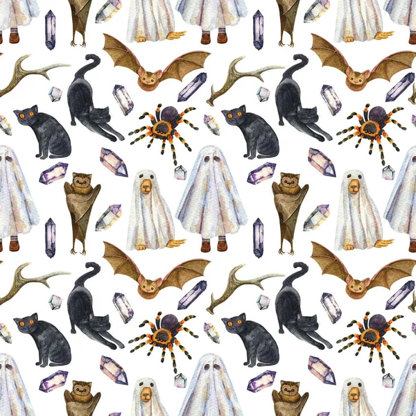 Watercolor Halloween Seamless Pattern Boy Dog Ghosts Funny Background Bat — ストック写真