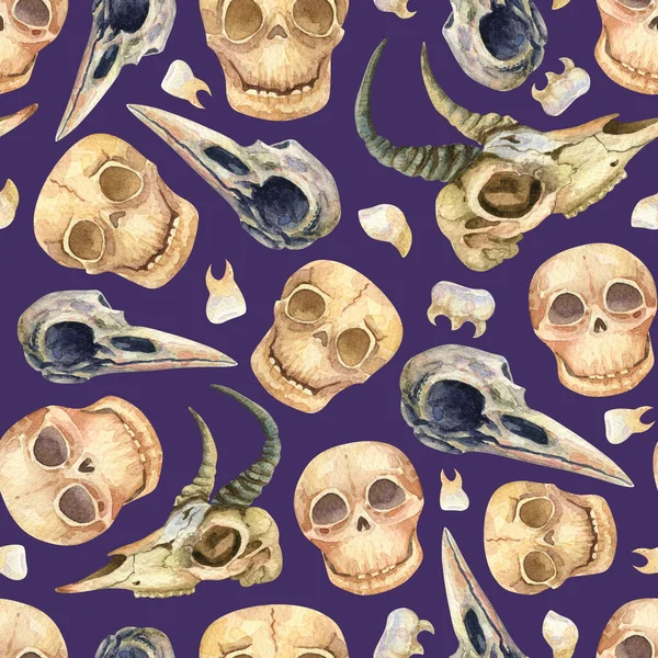 Funny Human Goat Crow Skulls Seamless Pattern Watercolor Halloween Background — Photo