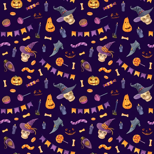 Watercolor Halloween Seamless Pattern Cartoon Skull Witch Hat Jack Lantern — Stock Fotó