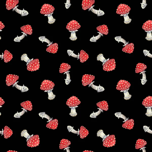 Watercolor Mushrooms Seamless Pattern Red Amanita Background — ストック写真