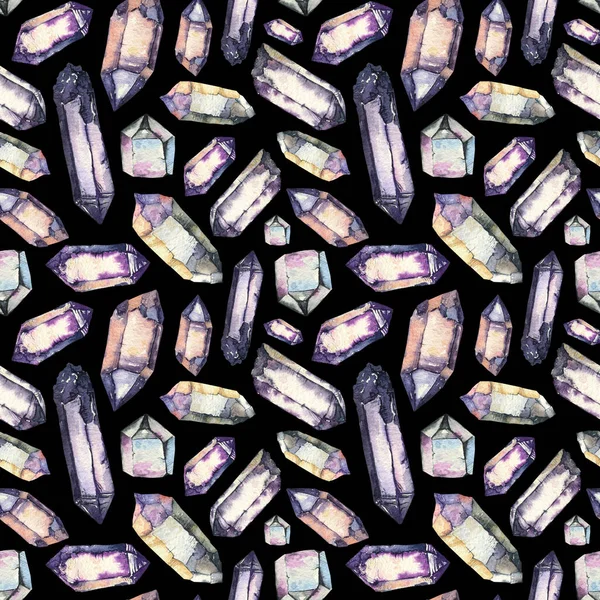 Seamless pattern with watercolor crystals. Magic mineral quartz
