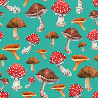 Watercolor mushrooms seamless pattern. Brown porcini, orange chanterelle, red amanita